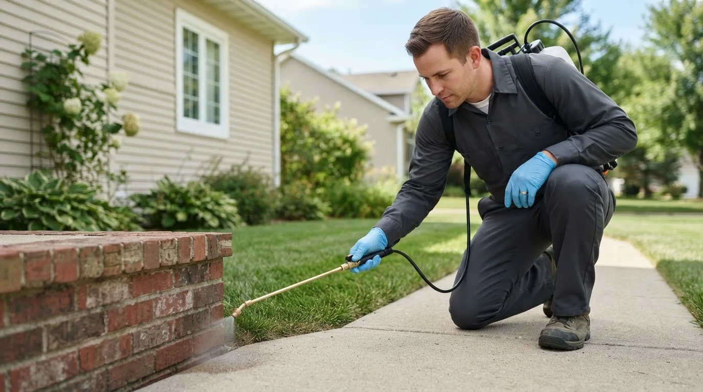 Pest control technician treating a home near Buchanan, ND